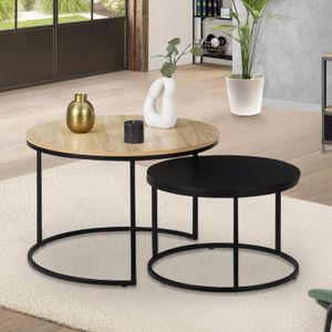 2 Tables Basses Gigognes Industrielles IDMARKET - Rondes 54/70cm - Métal Noir Et Bois - Style Factory