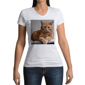 T-SHIRT T-shirt Femme Col V Superbe / Chat Roux A Poil Long / Relax / Chill / Mignon