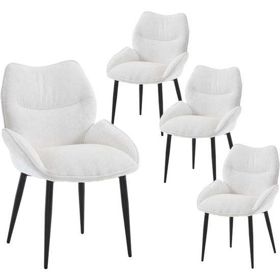 2 Chaises De Cuisine En Chenille - Dossier Incurvé Moderne - Blanc - Bois Massif - Confort Éponge