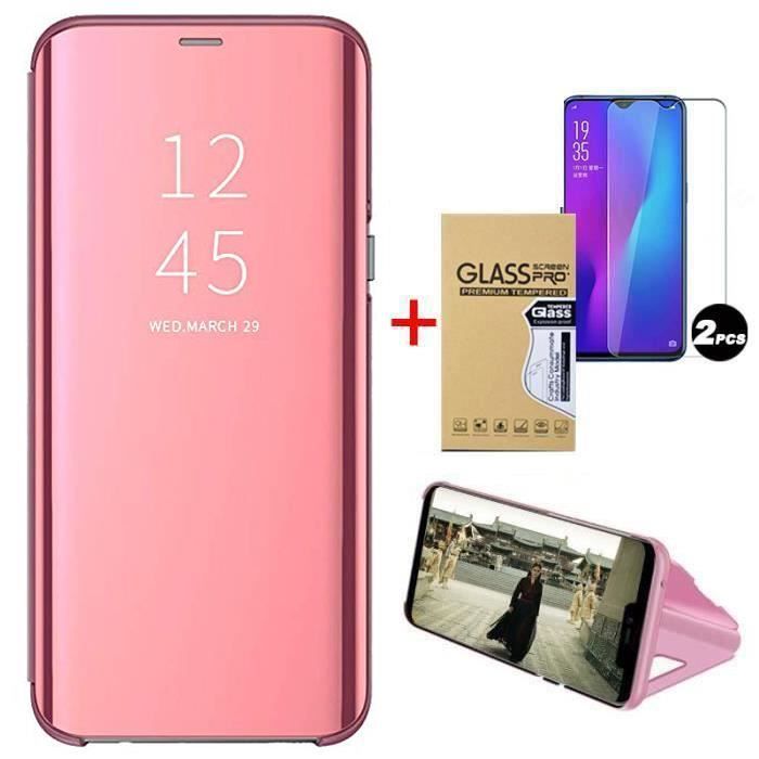 Coque+ 2pcs Verre Trempé Samsung Galaxy A52 (5G), Coque Luxe Silicone Cuir Clear View Cover Mince avec Support, Or rose