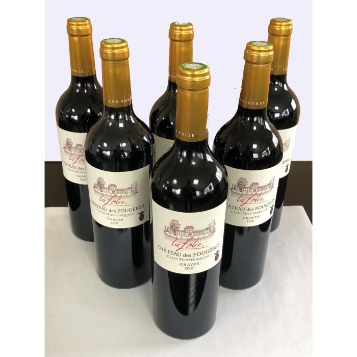 Lot de 6 bouteilles Château des Fougères - Clos Montesquieu- La Folie 2007- Graves - Vin rouge