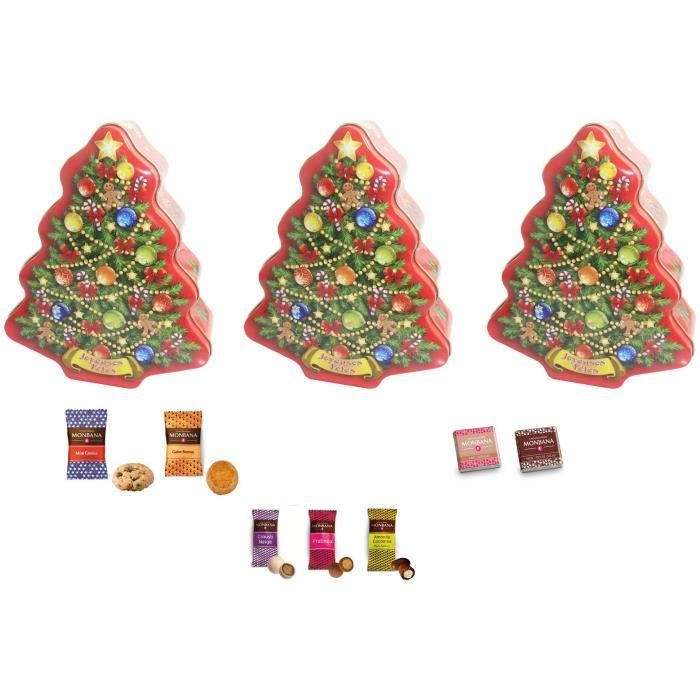 Boite sapin de Noël en métal 35 pièces garnie de biscuits et de chocolats Monbana - Lot de 3