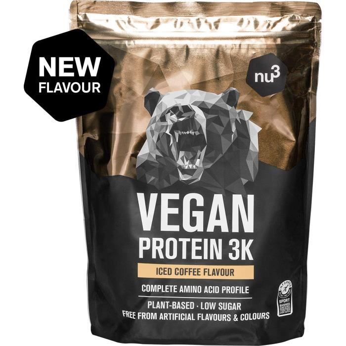 Vegan Protein 3K Shake 1 Kg - goût Café Glacé - Poudre de protéine végétale à base de protéines de riz, tournesol, pois et caroube -