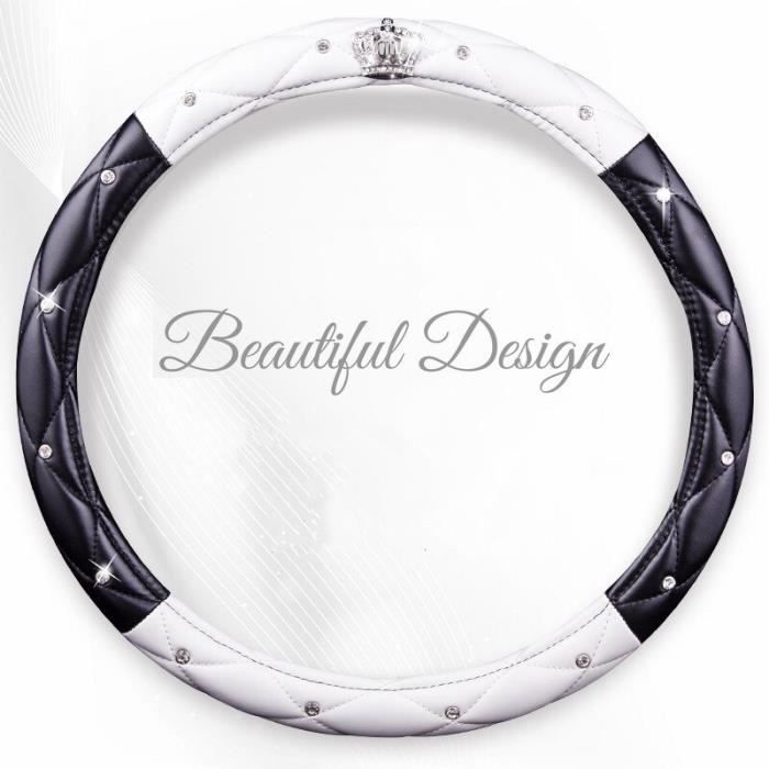 Couvre volant,Mode femmes PU cuir voiture volant couvre diamant noir rose Auto volants housses pour dame filles - Type black white