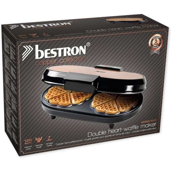 Bestron Gaufrier double pour gaufres classiques en forme de cœur, Gaufrier avec témoin de cuisson & revêtement anti-adhésif, cuivre