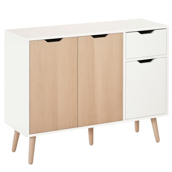Buffet design scandinave 2 placards tiroir coulissant pieds bois massif pin panneaux particules blanc chêne clair 90x30x72cm Blanc