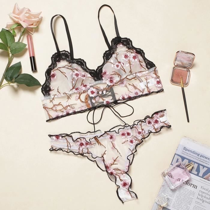 Ensemble de soutien-gorge sexy femmes broderie dentelle soutiens-gorge string sous-vêtements vêtements de nuit ensemble de lingerie