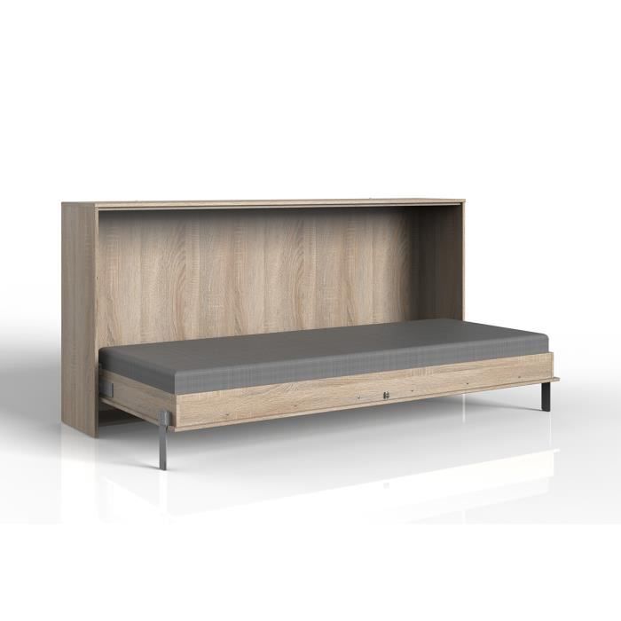 Lit escamotable horizontal Toronto coloris imitation chêne - Longueur 212 x Hauteur 105 x Profondeur 43-117 cm