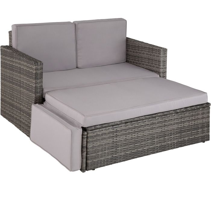 TECTAKE Canapé de jardin CORFOU 2 Places Modulable en Bain de soleil 1 Tabouret avec Coussins en Résine Tressée Cadre en Acier Gris