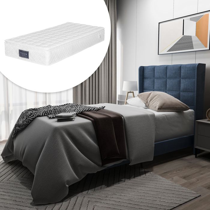 Lit simple capitonné 90x200cm en lin bleu avec sommier à lattes mi-ferme pour adultes et adolescents (avec matelas à ressorts)
