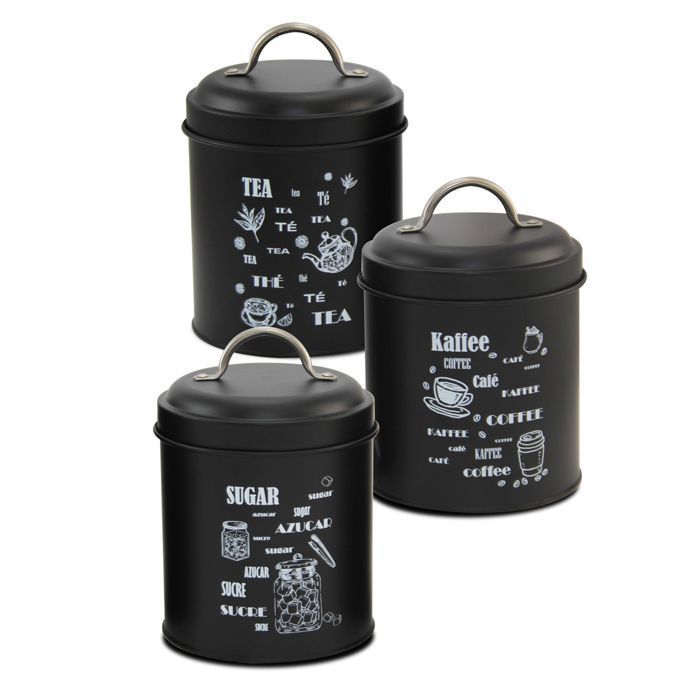 Set 6 pot hermétique de cuisine pour thé sucre et café bocaux de rangement en métal noir - Diamètre 11 x Hauteur 16 cm