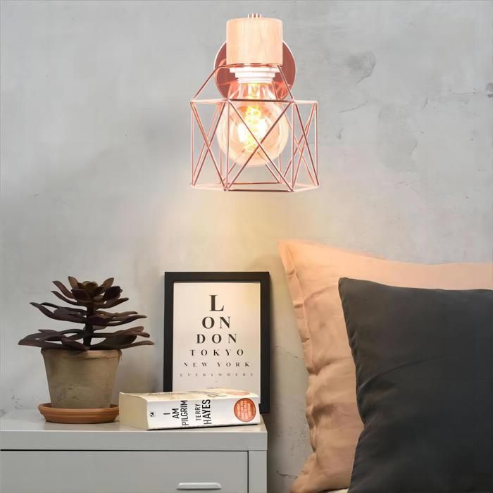 WOTTES Lot de 4 Applique industrielle en bois - Lampe Design Cage Ø14cm - Or rose Pour Chambre Salon Restaurant