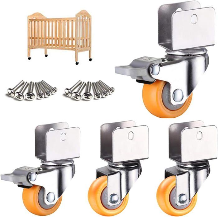 Roulettes Meubles Lourdes - Support En U 38mm - Capacité 75kg - Pour Lits Bébé Et Meubles - Nylon Jaune