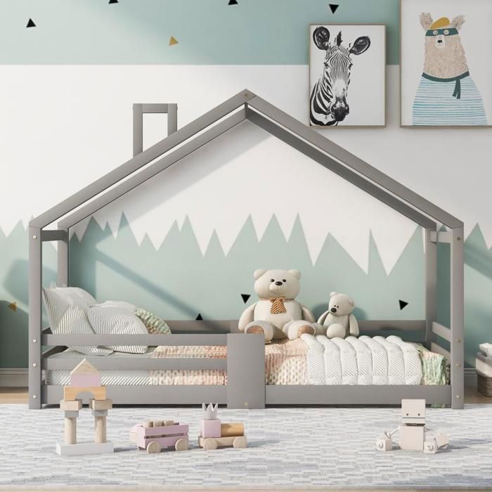 Lit cabane - PUGSDRLY - Maison avec cheminée - 90 x 200 cm - Bois de pin - Gris