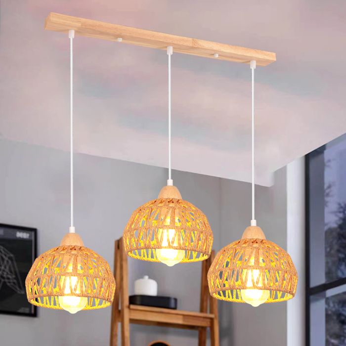 Lustre Industriel Vintage IDEGU | 3 Lampes Suspension | Abat-Jour Cage Métal Et Bois | Culot E27 | Pour Salon, Cuisine, Bar