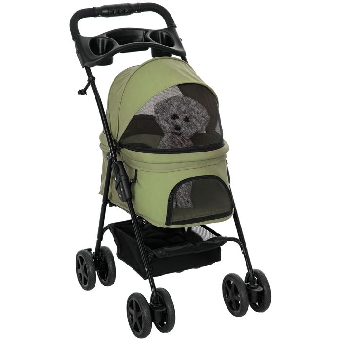Poussette buggy pliable chien chat panier rangement porte-gobelets tissu 300D Oxford imperméable 4 roues vert