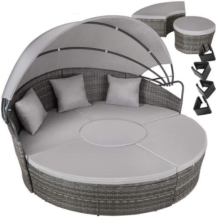 Bain de soleil - TECTAKE - Fauteuil lit de jardin en rotin SANTORIN modulable avec toit pare-soleil pliable et housse incluse - Gris