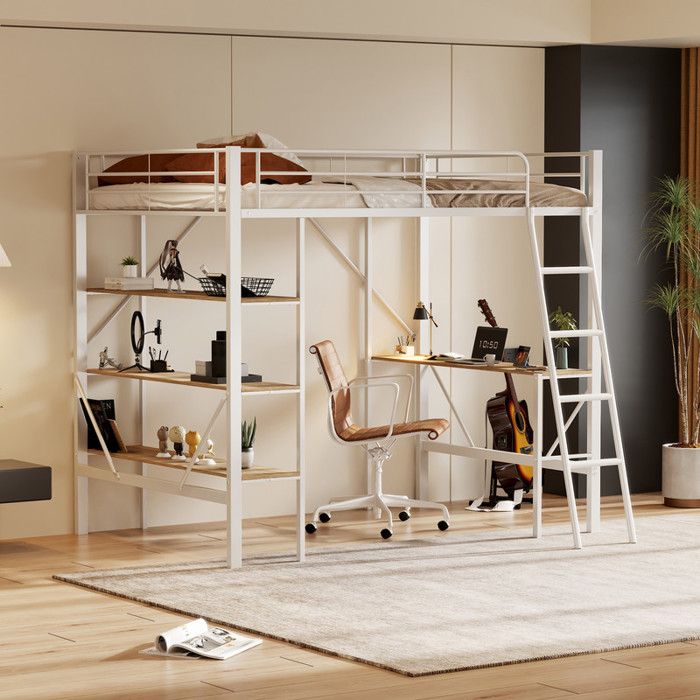 Lit Mezzanine 90x200 cm Lit enfant avec Bureau et Trois Grandes éTagèRes Lit Superposé Pour enfants avec Structure Solide