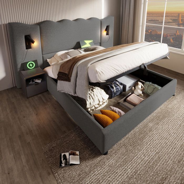 Lit coffre - LANGTU - 180 x 200 - liseuse rotative 360° - ports USB/USB-C - sommier à lattes