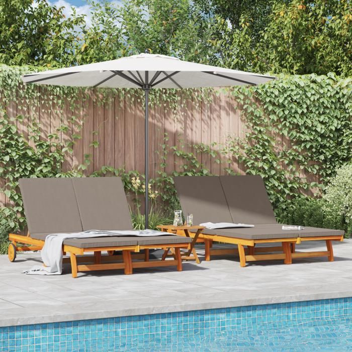 Transat double avec roulettes et coussin en bois d acacia