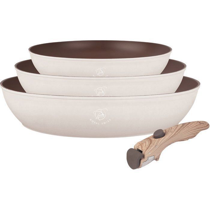 Poêles Amovibles - ROYAL SWISS - Set de 3 pièces - Beige - Antiadhésif - Compatible Induction