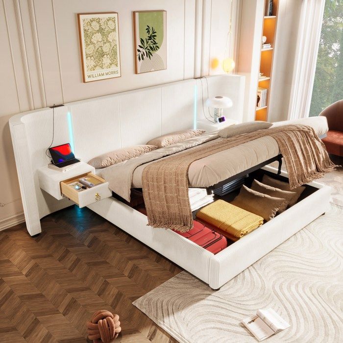 Lit coffre hydraulique 180x200 cm Lit double rembourré en velours avec bande LED ports USB tables de chevet et sommiers à lattes