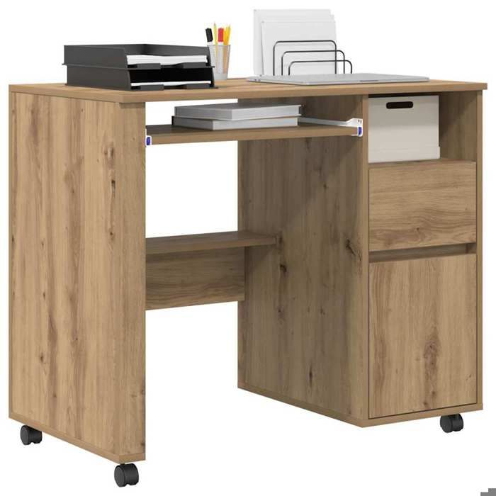 Kenneth@ Bureau - 1 PERSONNE - Table dordinateur - avec roulettes avec roue chêne artisanal - 91x50x77 cm - LL1099