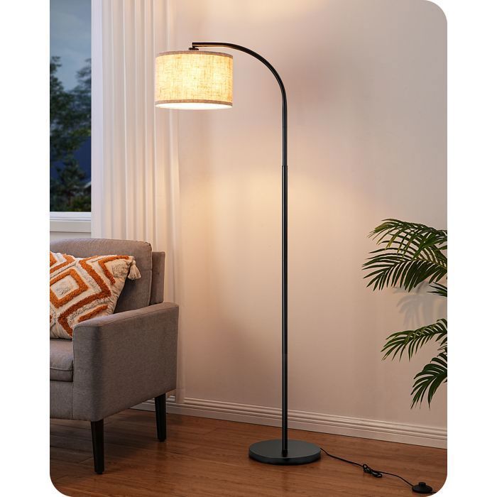 EDISHINE Lampadaire sur Pied Salon 161 cm Lampe à Arc avec Abat-Jour Réglable en Lin Beige Ampoule E27 LED 6W fournie Noir