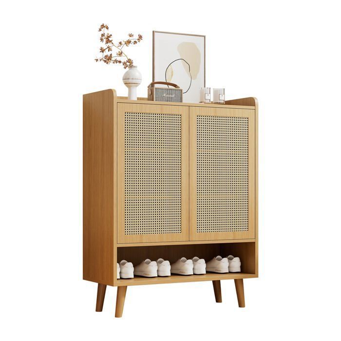 Meuble à chaussures en rotin naturel 80x35x105 cm avec 2 portes 5 étagères fixes poignées et pieds en bois massif Meuble à chaussures en rotin naturel 80x35x105 cm avec 2 portes 5 étagères fixes poignées et pieds en bois massif