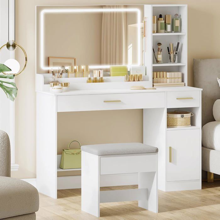 Coiffeuse avec TabouretGrand Miroir LED à Luminosité Réglable Coiffeuse avec 2 Tiroirs et 4 Compartiments40 X 108 X 141 cmBlanc
