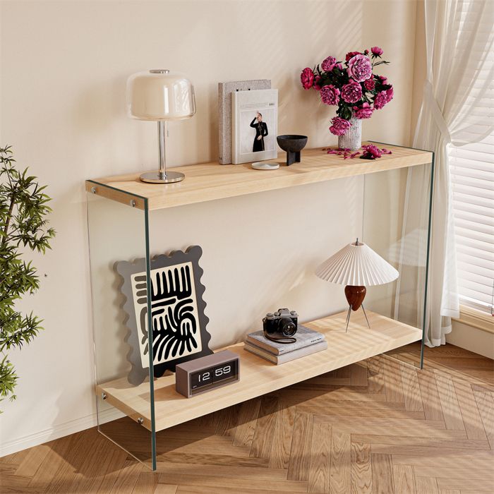 Table Console en Bois - Console Meubre dEntrée Modern avec Cadre Verre Trempé Solide pour Salon Couloir Bureau - 120x30x76cm