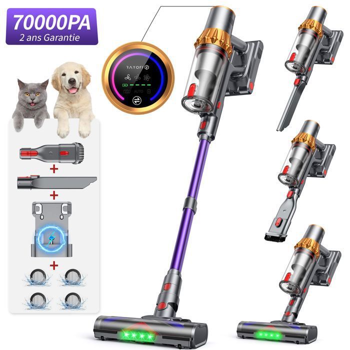 Aspirateur Balai sans Fil RAYOFI 70KPa/400 W / 60Min Fonctionne sur batterie Affichage LED-Filtre HEPA-4 Modes Anti Emmêlement or