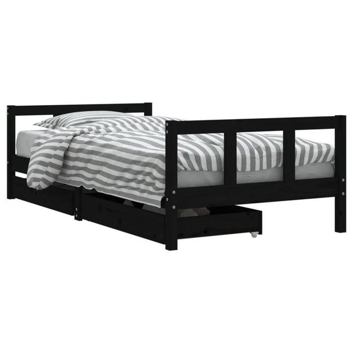 Lit denfant en bois massif - VIDAXL - 90x190 cm - Tiroirs de rangement - Noir - Bois de pin massif - Sommier à lattes
