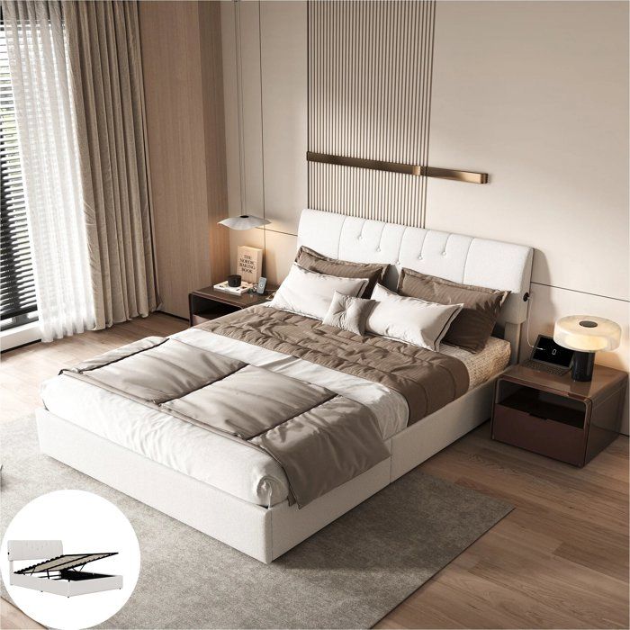 Lit capitonné 140x190 cm avec USB Lit Double à Rangement Sous Lit Lit Coffre Lit 2 Personnes en Velours Teddy Moderne Blanc