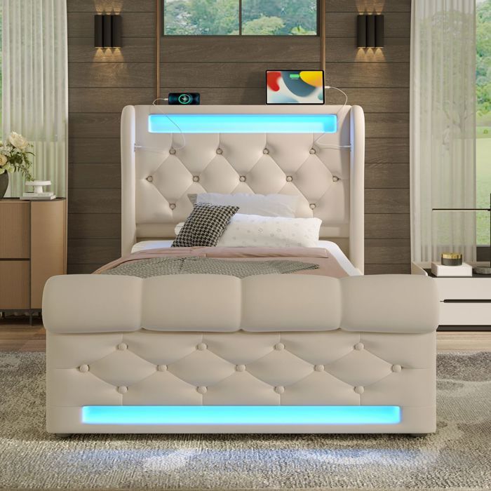 Lit Rembourré LED USB-C-Tête de Lit Rangement-Coffre Hydraulique Sécurisé-90x200cm Velours Beige-Nuit Organisée-sans Matelas