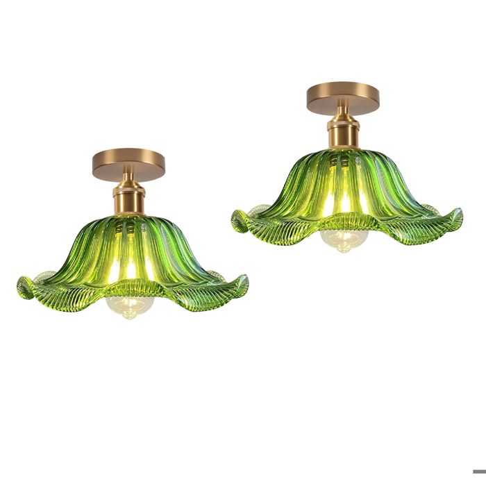 iDEGU 2pcs Plafonnier en Verre Vert Lustre Industriel Lampe de Plafond Style Nordique E27 Luminaire Plafond Abat-jour Design Fleur