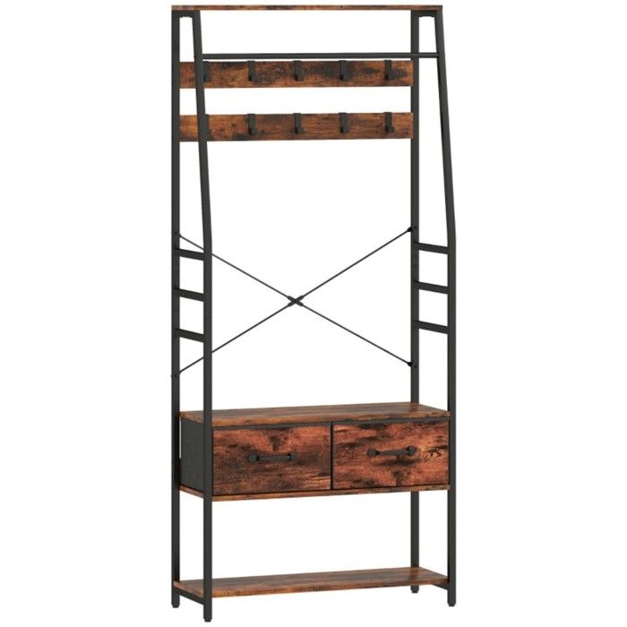 Meuble Entree Marron 80x30x180cm Armoire avec Banc 10 Crochets 2 Tiroirs Tissu et Tringle Metal pour Vetements Meuble Entree Marron 80x30x180cm Armoire avec Banc 10 Crochets 2 Tiroirs Tissu et Tringle Metal pour Vetements