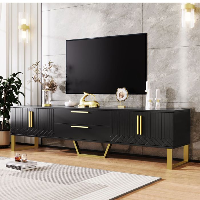 MERAX Meuble TV Noir Haut-Brillant - avec 4 Portes 2 Tiroirs Design Sculpté et Pieds Dorés 170 x 40 cm