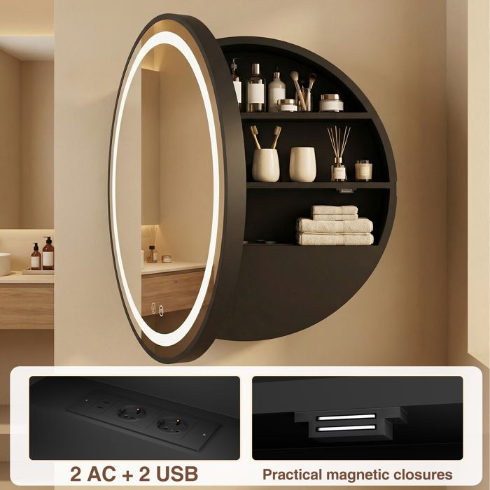 Armoire miroir ronde salle de bain Anti-buée LED -Avec 3 rangement-Éclairage réglable -2AC+2USB prise - Contrôle tactile -50x50x15cm