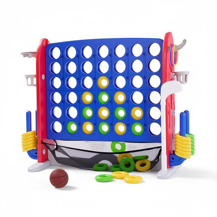 Jeu géant 4-en-1 Puissance 4 avec panier basket et anneaux – Hauteur réglable – Pour extérieur – Plateau rouge côtés bleus