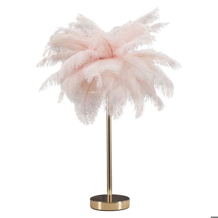 Lampe de table Palm rose en fer doré avec plumes dautruche - Réf. VK8681847404613