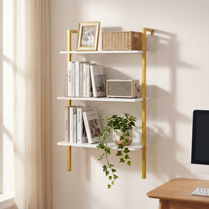Étagère Échelle Murale à 3 Niveaux COSTWAY Cadre en Métal 535 x 295 x 96cm pour Salon Cuisine Salle de Bain Bureau Or et Blanc