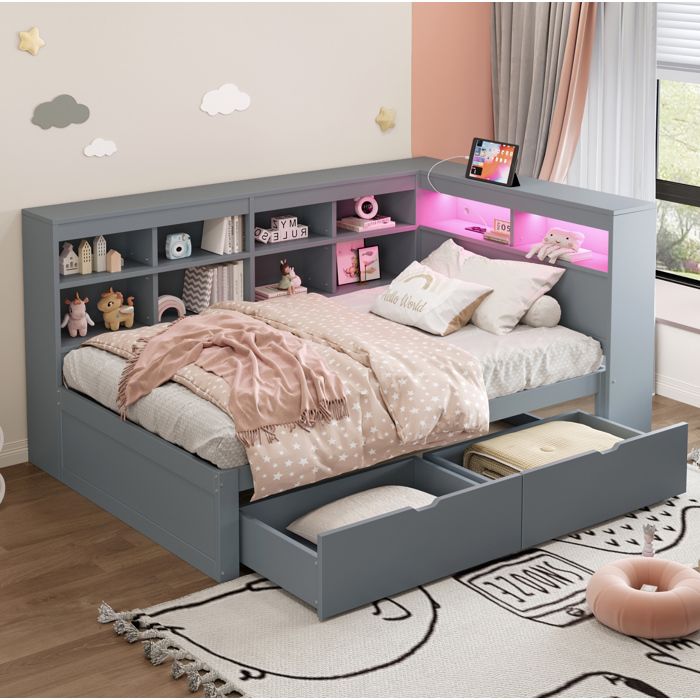 Lit banquette en bois gris avec rangements LED et prise USB