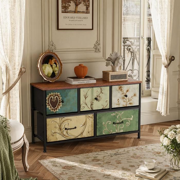 Commode Vintage 552x100x30 cm Bois 5 Tiroirs avec Rangement Style Rétro pour Chambre ou Entrée