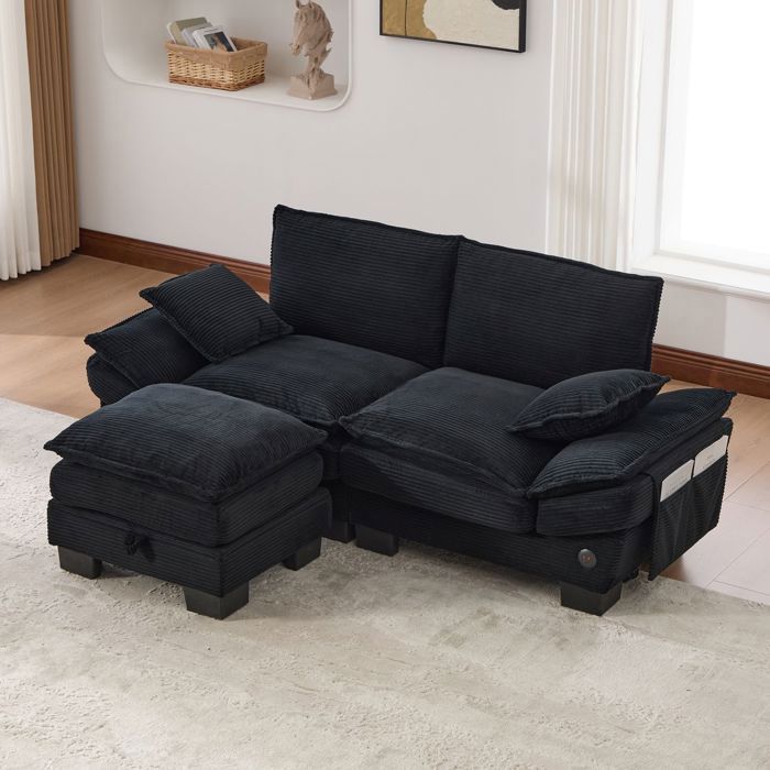 Canapé dangle - SOGEU - 190x132x84 cm - Velours côtelé noir - 2 places - Pouf coffre & Port USB-C