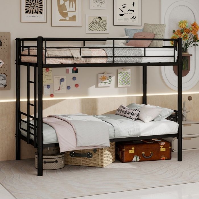 Lit Superposé 90x190 - Lit enfant en Métal Convertible en 2 Lits avec Échelle et Barrières - Noir