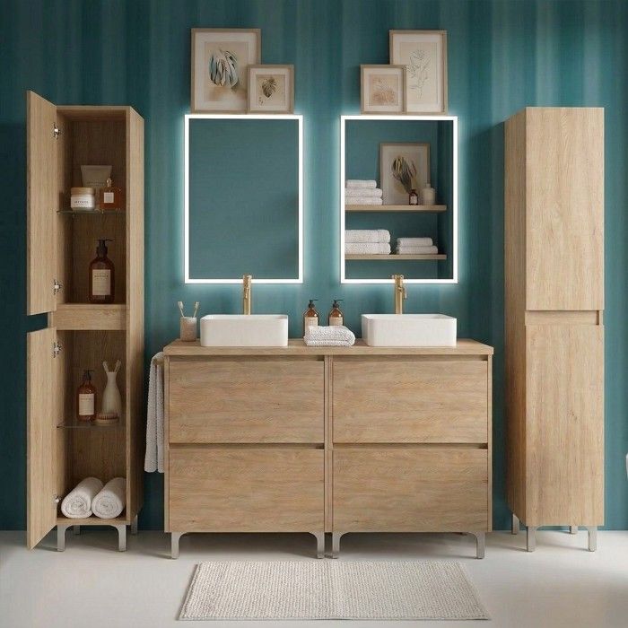 Ensemble meuble double vasque à poser L. 120 cm + 2 colonnes sur pied 4 tiroirs Chêne naturel LISBONA Ensemble meuble double vasque à poser L. 120 cm + 2 colonnes sur pied 4 tiroirs Chêne naturel LISBONA