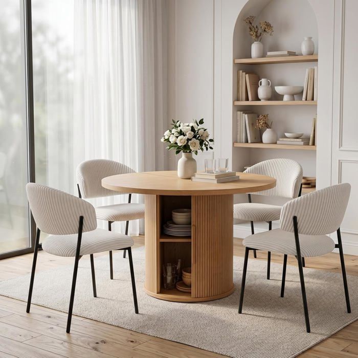 JIEXI Table Ronde en Bois avec Rangement Intégré 110cm et 4 Chaises Rembourrées en Velours Côtelé Blanc