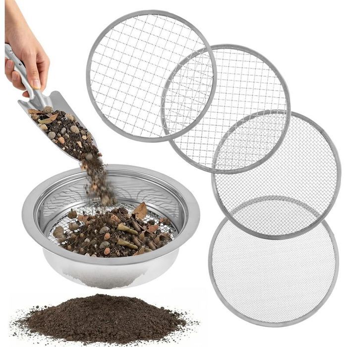 Tamis sol inox 5 tailles (1-12 mm) + pelle – robuste idéal compost & terre fine
