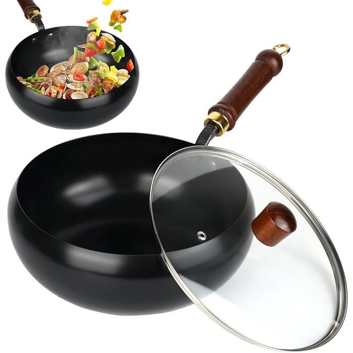 Poêle en fonte Poêle en fer non revêtue Poêle antiadhésive forgée à main Récipient de cuisson polyvalent avec